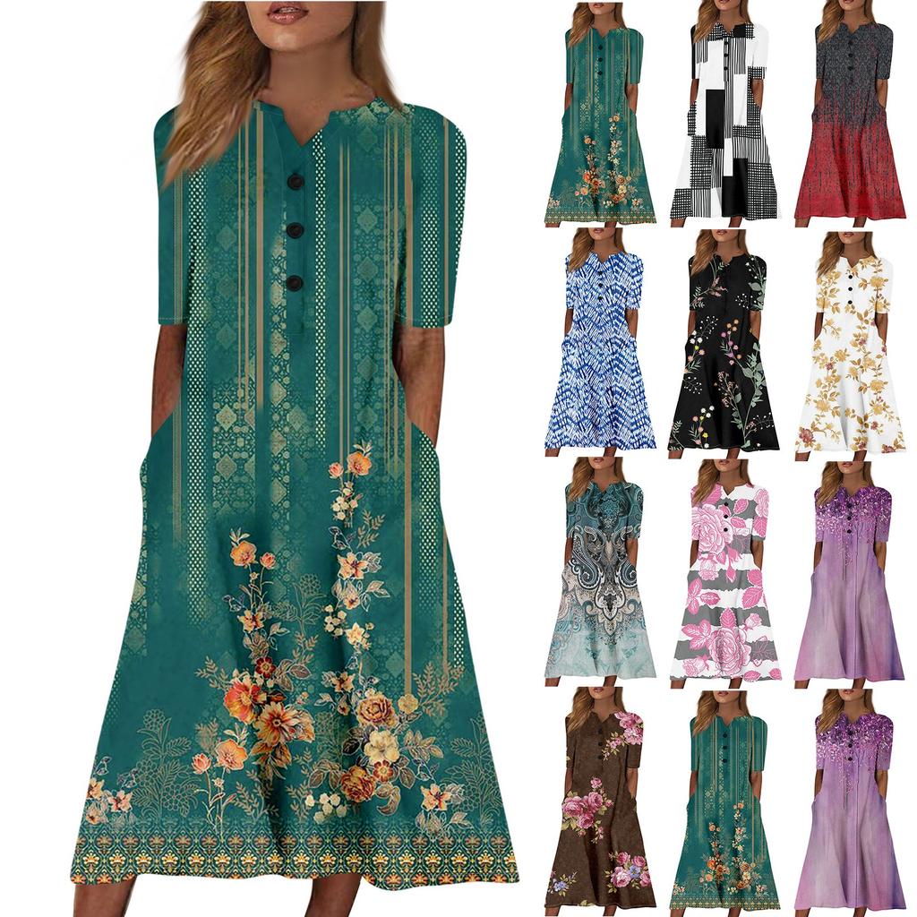 Women's Summer Casual Printed V-Neck Short-Sleeve Swing Dress
