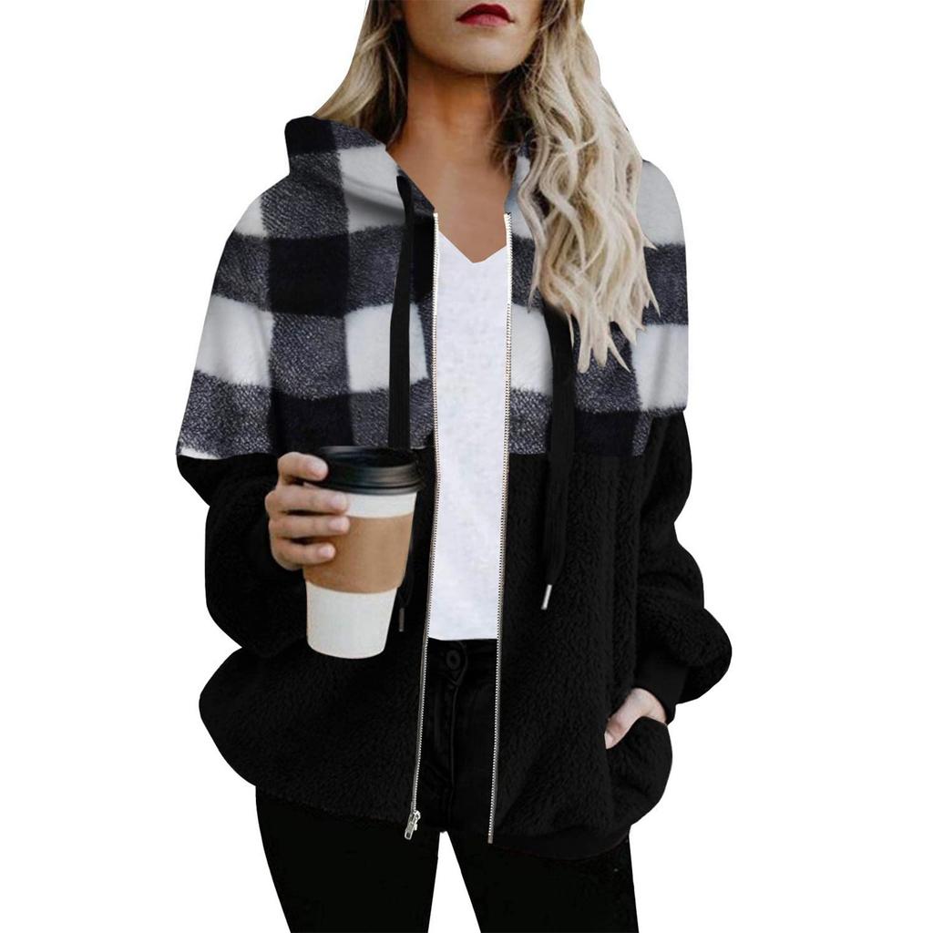 Женский свободный кардиган на молнии с капюшоном и плюшевой вставкой в ​​клетку