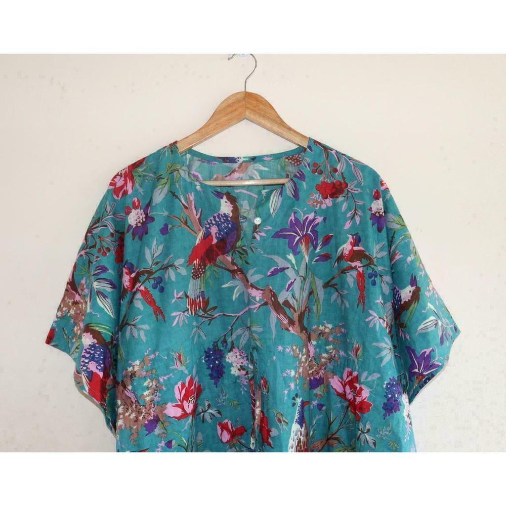 Индийское бирюзовое длинное хлопковое платье макси с принтом птицы в стиле бохо, ночное платье-кафтан CKFTN-SCRN-FULL-BUYIT-010