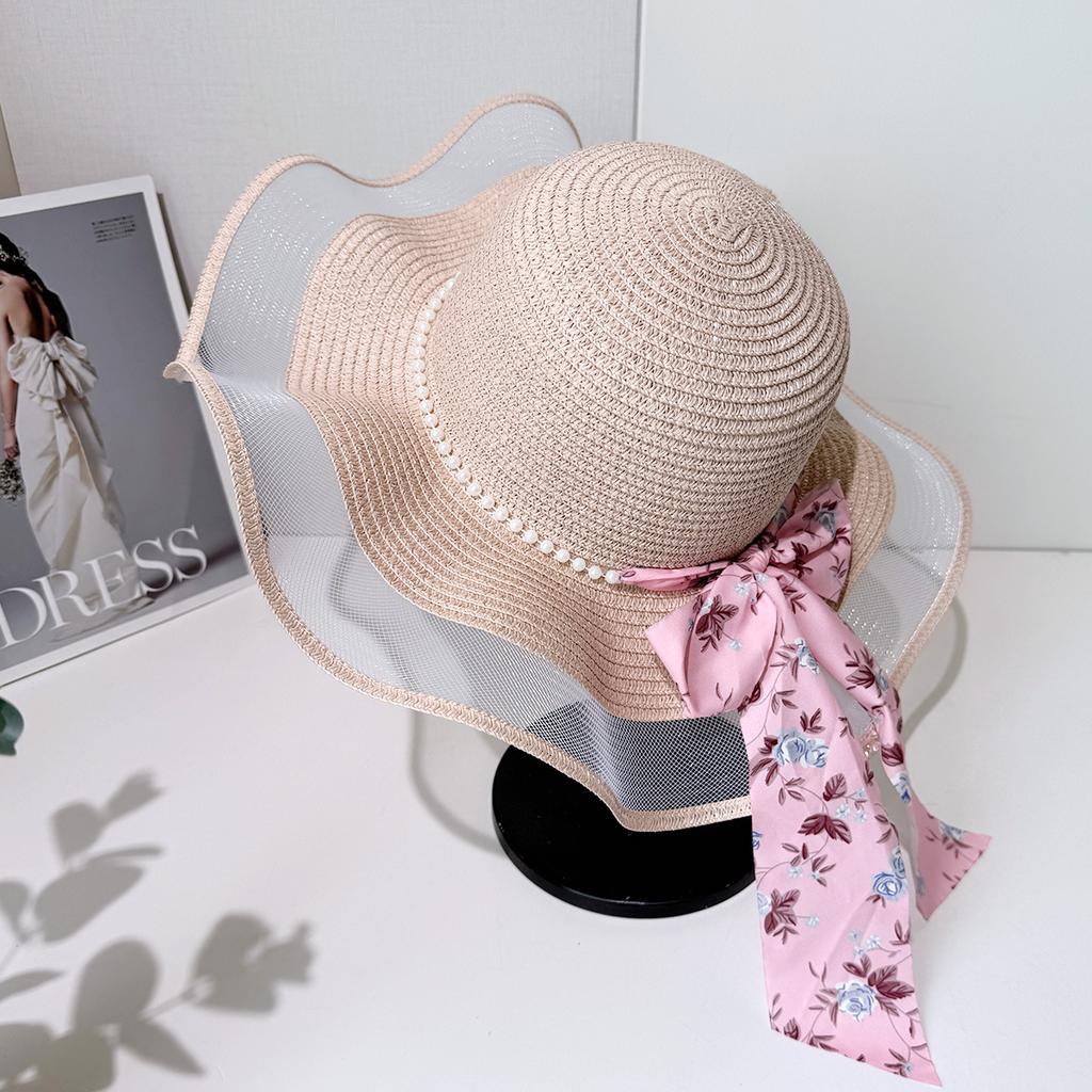 Summer New Straw Hat Floral Streamer Pearl Decoration Sun Hat Seaside Outing Big Eaves Sun Protection Hat
