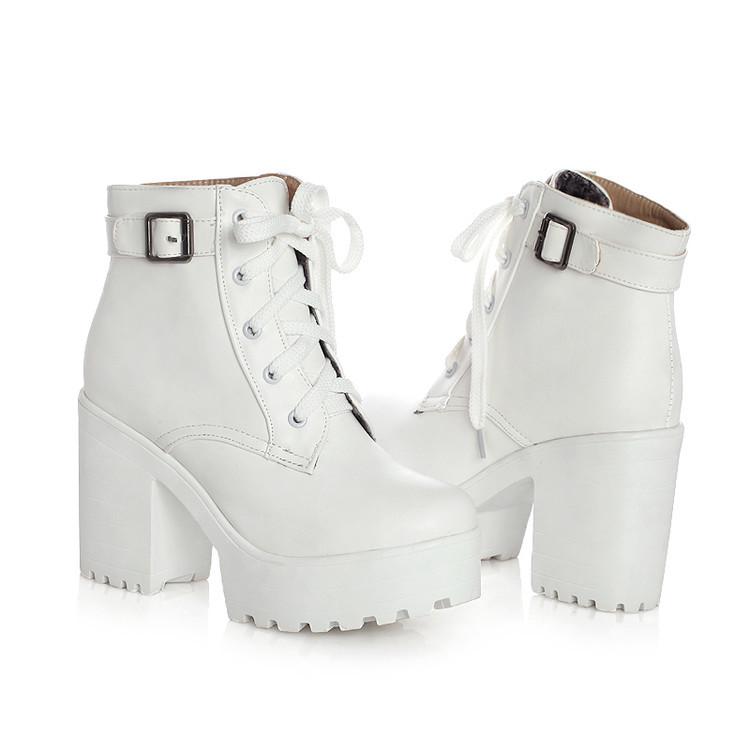 Винтажные короткие сапоги на толстом каблуке с пряжкой, женские ботильоны на платформе и квадратном каблуке, модные короткие ботинки из искусственной кожи на шнуровке, большой размер