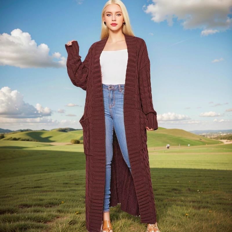 Длинный вязаный кардиган, элегантный однотонный свитер с длинными рукавами и карманами, женский