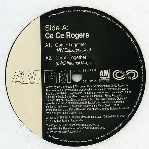 12-дюймовая пластинка CE CE ROGERS - Come Together "The Dubs" 5810011 A&M PM 1995 Великобритания Танцевальная и электронная музыка Б/у