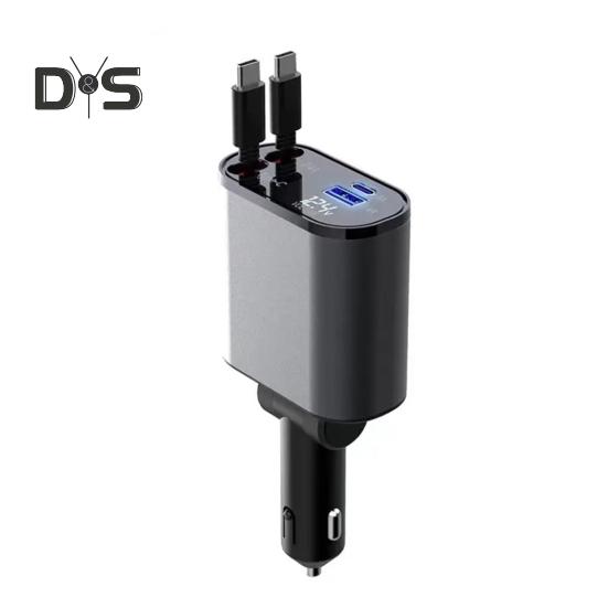 Автомобильное зарядное устройство с двойным выдвижным кабелем типа C, 8-контактный USB, 3A, 2,4A, напряжение, цифровой дисплей, универсальный, 100 Вт, высокая мощность, быстрая зарядка, автомобильная зарядка