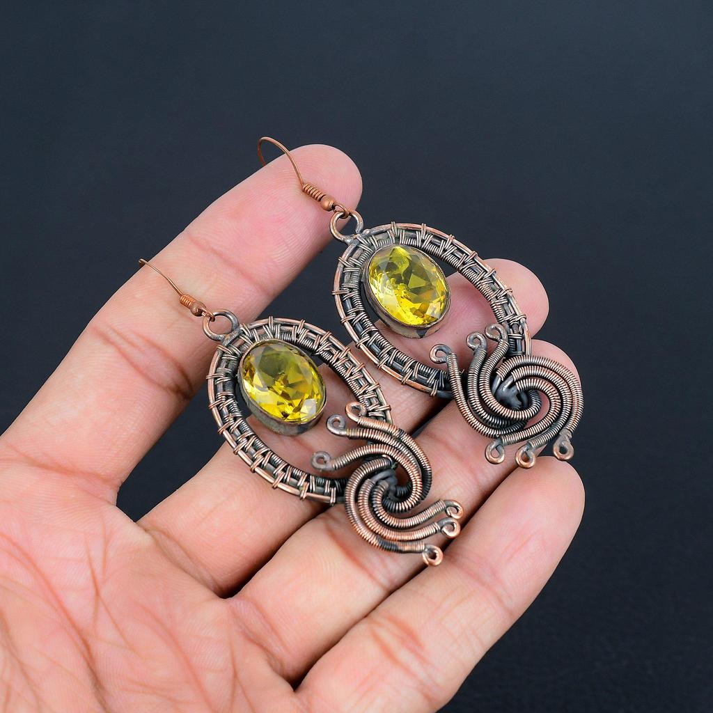 Серьги с цитрином, Ювелирные изделия из драгоценных камней, обернутые медной проволокой 999 пробы, Серьги ручной работы, На День благодарения