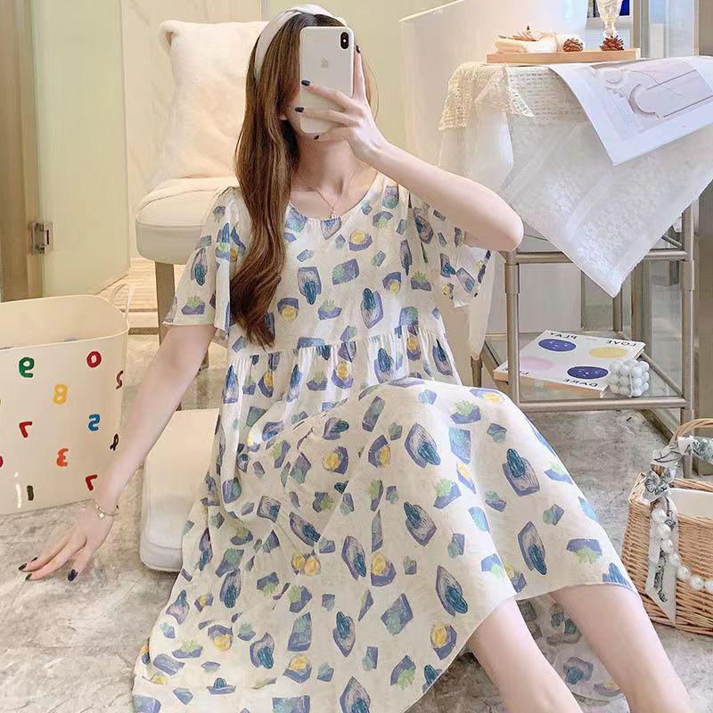 Women's Cotton Silk Mid-Length Nightgown - Summer Pajamas Plus Size Homewear for Middle-Aged and Elderly