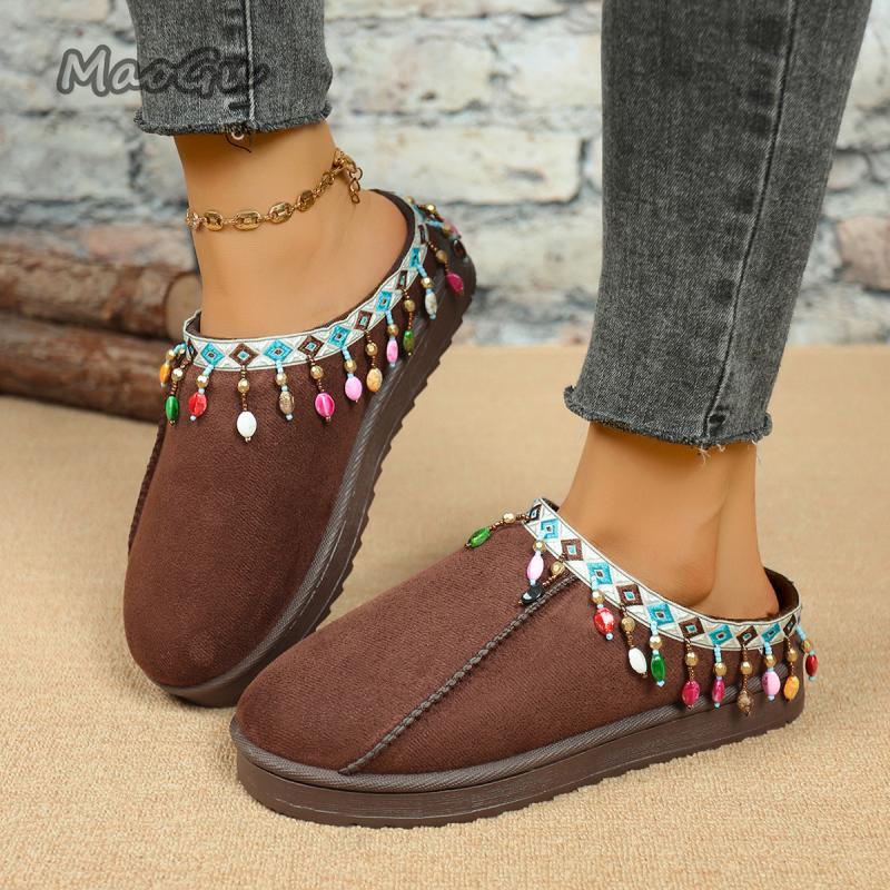 Fashion Bohemia Fringed Decoration Cotton Slippers Women 2025 Winter Comfort Thick Bottom Non Slippers Warm Short Plush Slides Size36-44
