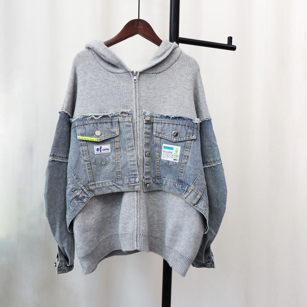 FiveFive Denim Patchwork Cardigan Coat Women Long Sleeve Hooded Loose Letter Patch Sweater Jacket Autumn Winter