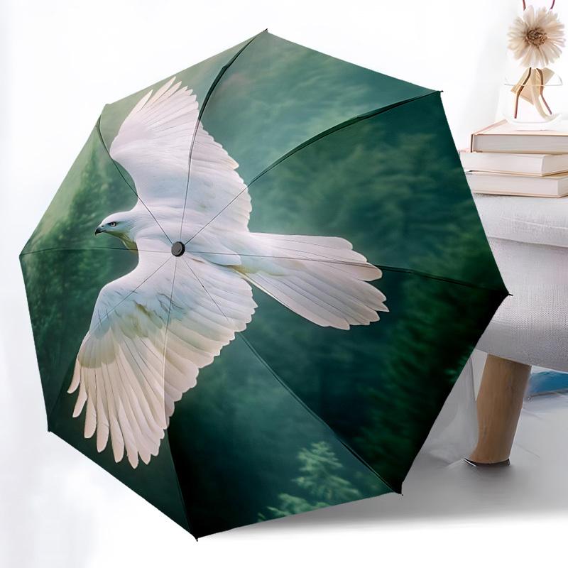 1pc White Eagle, Forest Automatic Folding Umbrella - Compact Travel Umbrella with Auto Open/Close 8-Rib Heavy-Duty Shaft for Women/Men -l056