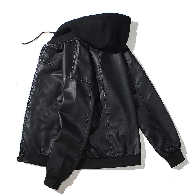 Mens PU Leather Hooded Biker Jacket Padded Thick Casual Urban Coat Youth