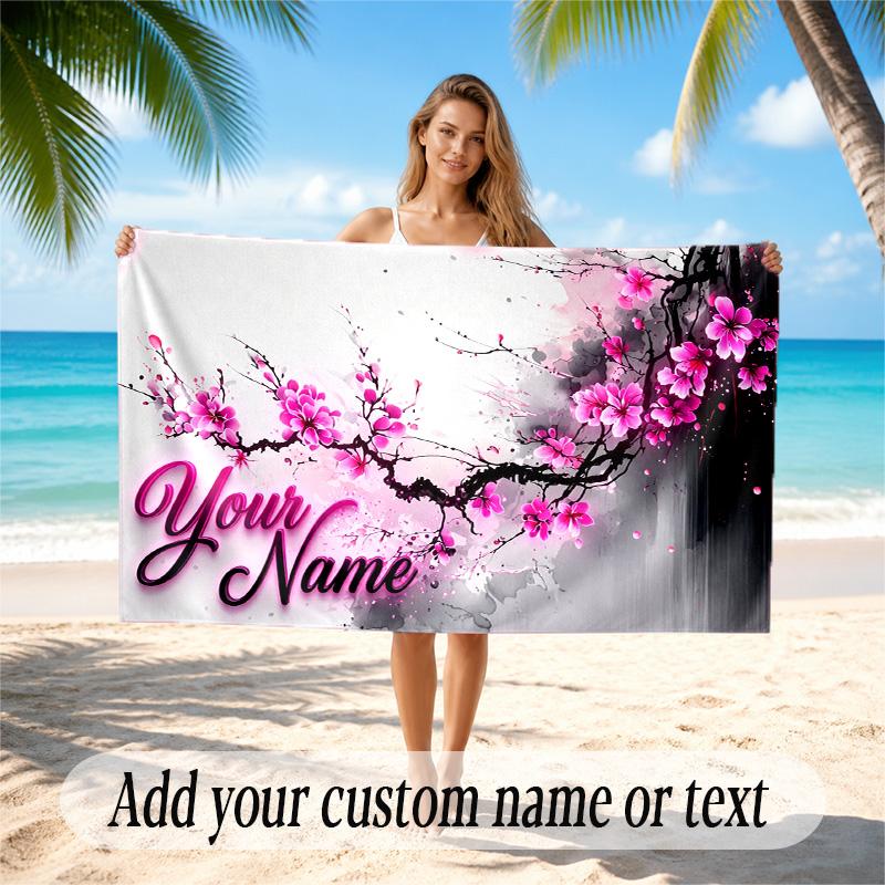 Floral Garden Theme Quick Dry Beach Towel Custom Name Text Print Large Sand Resistant Towel Beach Vacation