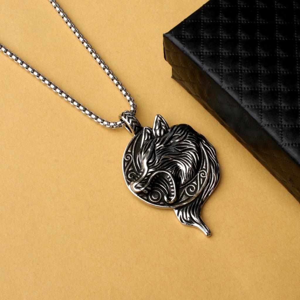 Vintage Viking Wolf Head Stainless Steel Necklace Men'S Pendant Punk Necklace Accessories