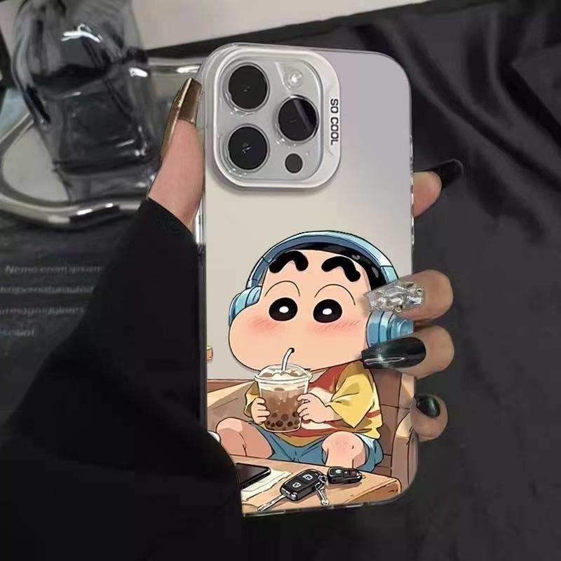 Popular earphone case for Shin-chan (Milk Tea) compatible with iPhone 17/16 Pro Max, 14/13mm, silver, 12/11mm.