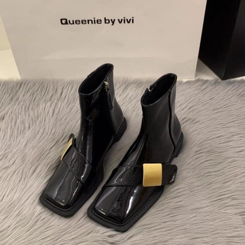Fashion 2024 New Autumn and Winter Women's Short-tube Metal-decorated Square-toe Casual Solid Color Fashion Boots