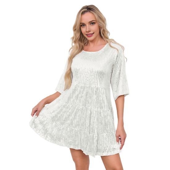 Вечернее платье с круглым вырезом, короткими рукавами, пайетками, мини-платьем со свободным подолом