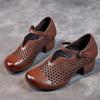 Retro Summer Women's Shoes Leather Shoes High Heeled Sandals Head Cowhide Hollow Out Breathable Cave Shoes
