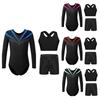Girls Gymnastics Set 3 Piece Long Sleeve V Neck Leotard Cross Back Vest and Rhinestone Shorts for Dance Training