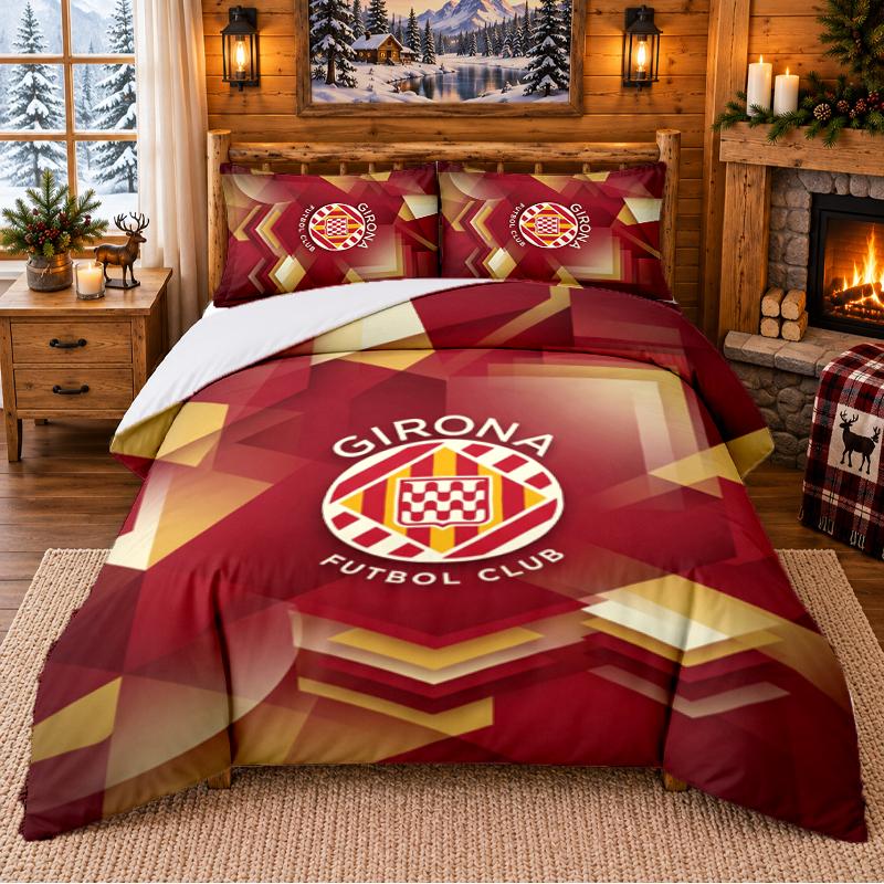 Printed 3Pcs Bedding Set Girona FC Pattern Bed Sheet Pillowcase For Bedroom Decor