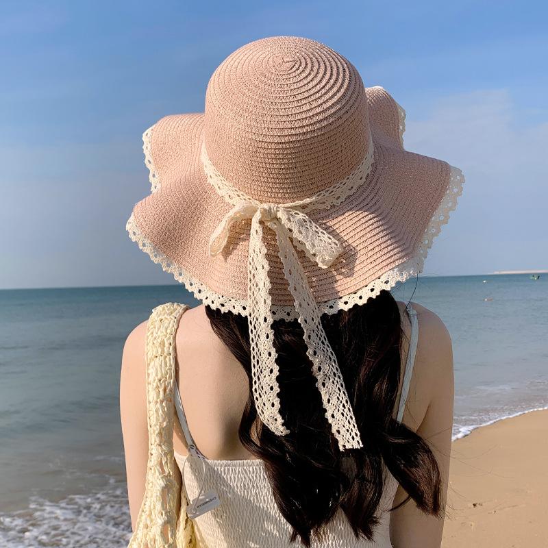 Французская летняя шляпа, женская, с большим краем, солнцезащитная шляпа, соломенная шляпа для пляжа, кружевная шляпа с бантом