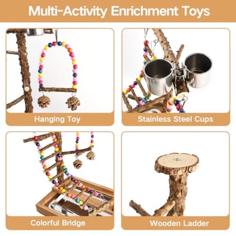 Bird Perch Play Stand Playground, Conure Parakeets Parrots Cockatiel Toys, for Bird Cage Accessories, Natural Wood