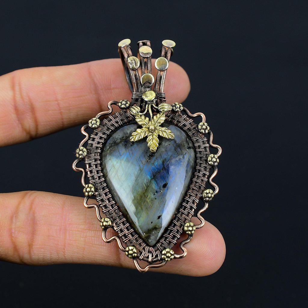 Labradorite Gemstone Copper Wire Wrap Handmade Beautiful Pendant Jewelry Gift For Love