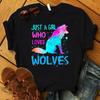 Женская футболка с принтом «Just A Girl Love Wolves», свободная женская футболка с коротким рукавом и круглым вырезом, женская футболка, топы, Camisetas Mujer