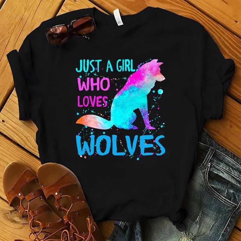 Женская футболка с принтом «Just A Girl Love Wolves», свободная женская футболка с коротким рукавом и круглым вырезом, женская футболка, топы, Camisetas Mujer