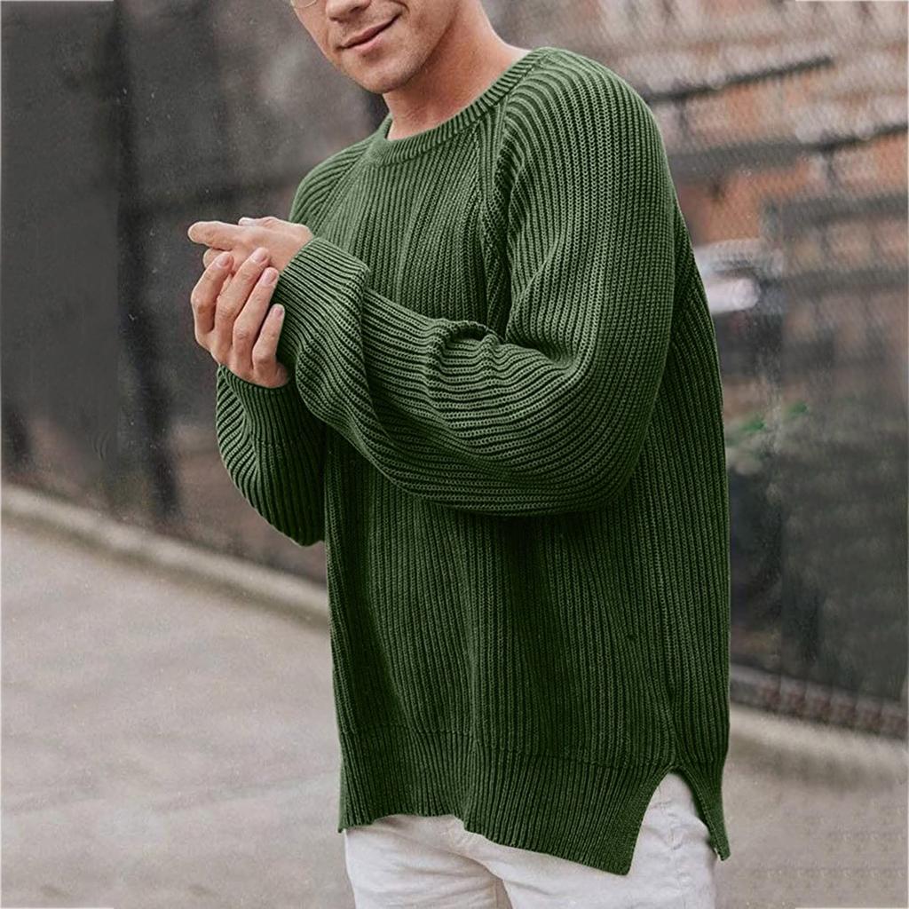 Men's Solid-color Long-sleeved Round-neck Pullover, Knitted Sweater, Men's Striped Sweater