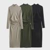 2023 Autumn European & American Women's Stand-Up Collar Pleated Long-Sleeve Midi Dress