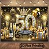 2D Luxury Black Gold 50th Birthday Backdrop Banner Glitter Crown Party Decor Background