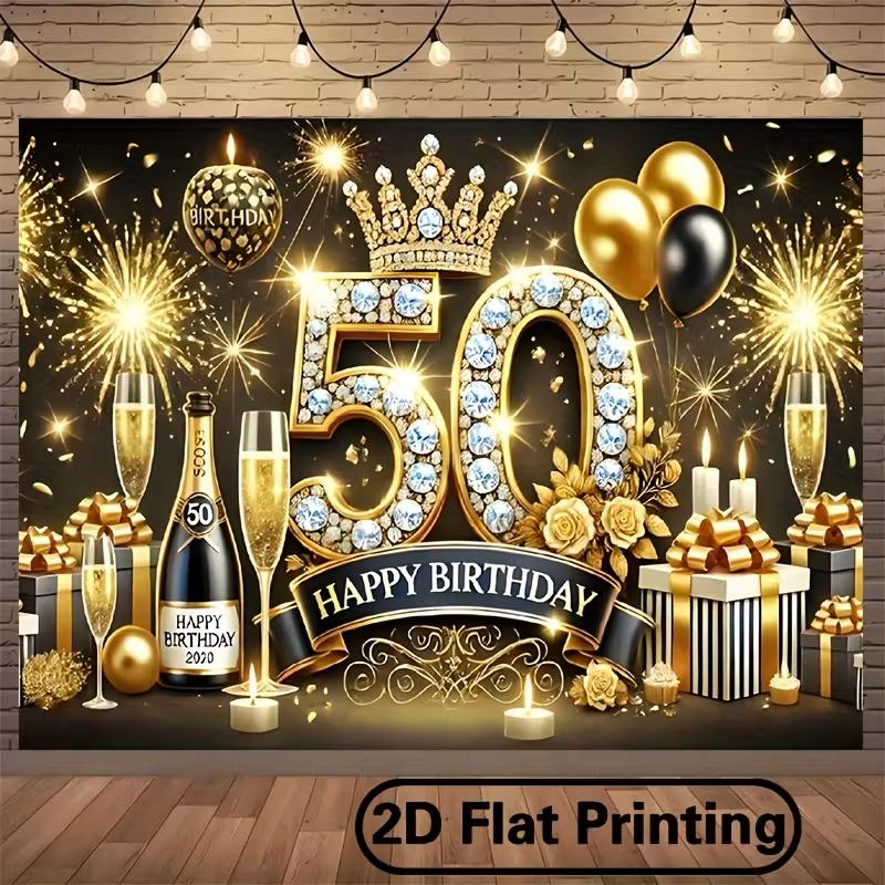 2D Luxury Black Gold 50th Birthday Backdrop Banner Glitter Crown Party Decor Background
