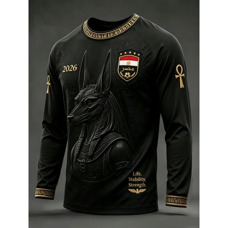 2026 Men’s Egypt‑Style Long‑Sleeve Soccer Shirt,3D‑Printed Ancient Egyptian Graphic,Quick‑Dry Breathable Sports Fan Jersey