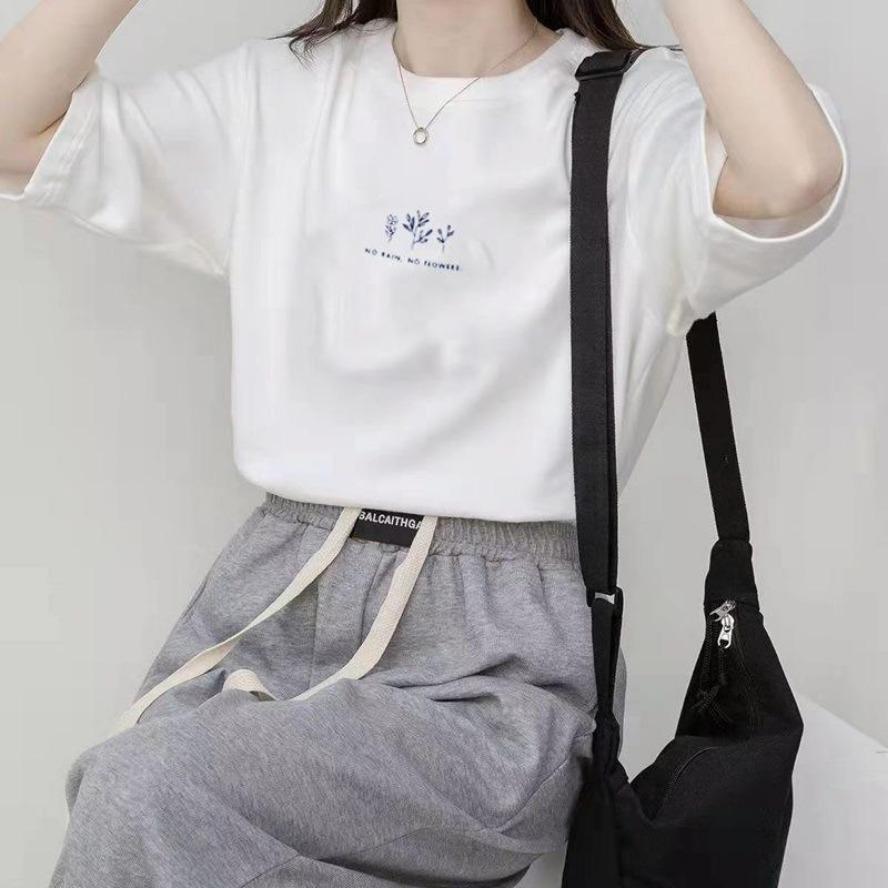 Summer Women Crew Neck T-shirt Loose Casual Solid Botanical Print Short Sleeve Tee T-shirts and Long Sleeves