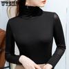 WTEMPO Корейские эластичные сетчатые рубашки с высоким воротом, женские весенне-осенние простые однотонные тонкие футболки с длинными рукавами