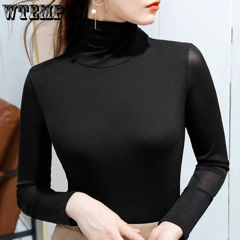 WTEMPO Корейские эластичные сетчатые рубашки с высоким воротом, женские весенне-осенние простые однотонные тонкие футболки с длинными рукавами