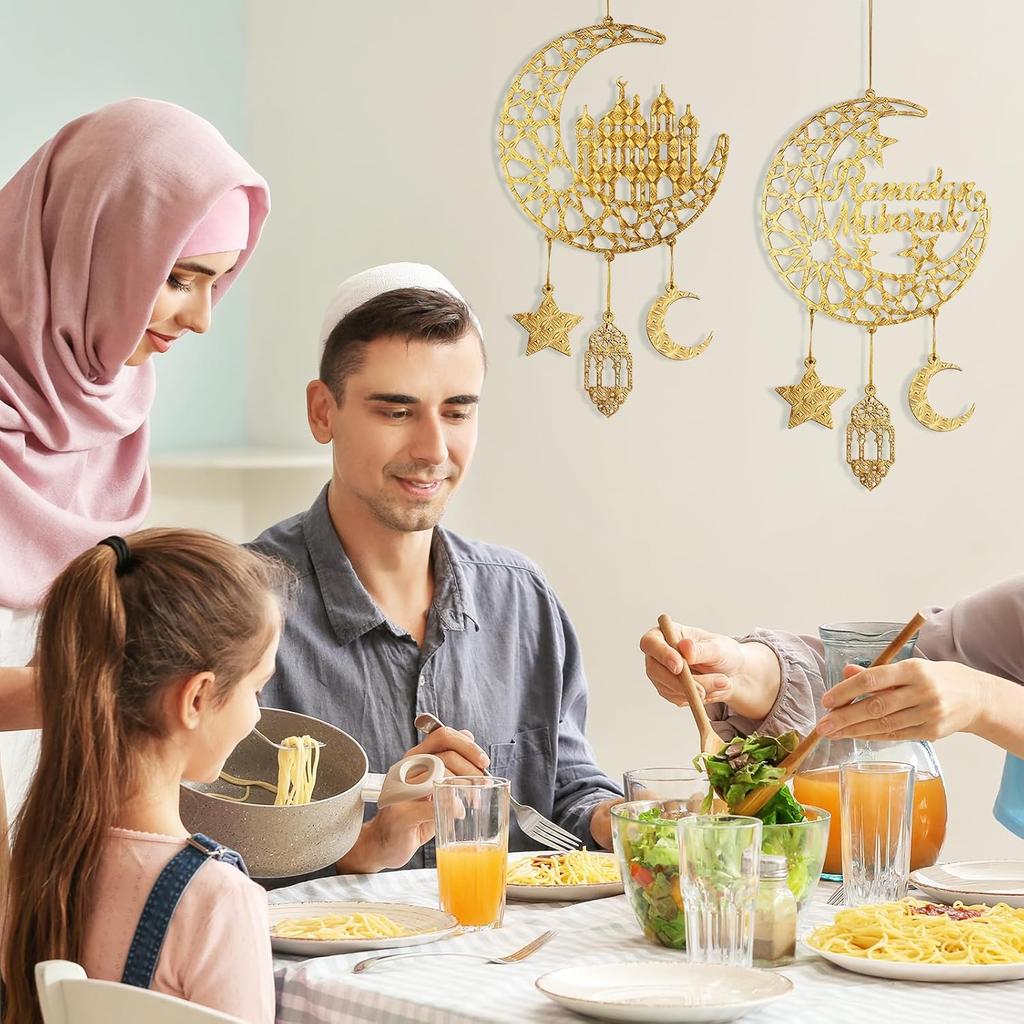 2 Pieces Eid Mubarak Door Sign Wooden Hanging Signs, Ramadan Kareem Hollow Ornament Decorations Moon and Stars, Moon Shape Ramadan Mubarak Party Wood