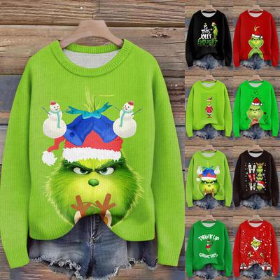 Пуловеры с длинным рукавом для женщин, с круглым вырезом, повседневные, милые, с принтом, вязаные, оверсайз