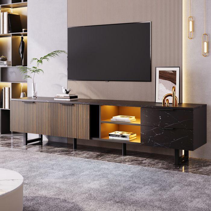 Meuble TV L 200cm avec LED - 2 portes & 2 tiroirs - Marron