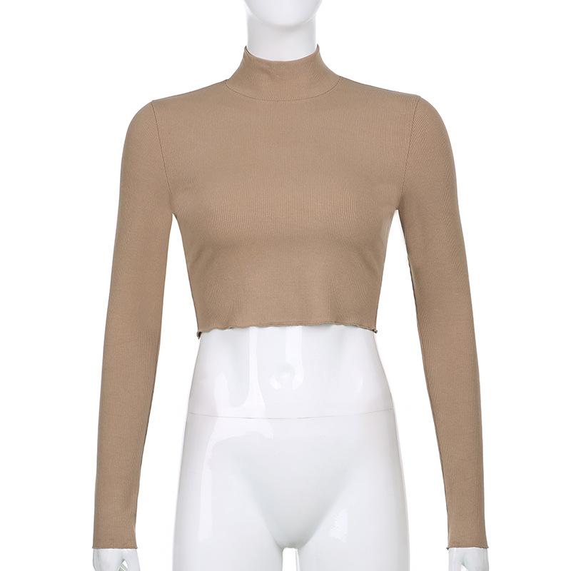 Однотонная телесная укороченная футболка с воротником и воротником, женская осенняя повседневная футболка с длинным рукавом, женская узкая базовая футболка Femme