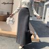 Korean Fashion Autumn Winter Women Split Skirt High Waist Waffle Pattern Knitting Skirt Knitted Elegant Feminine Black Gray Skirts