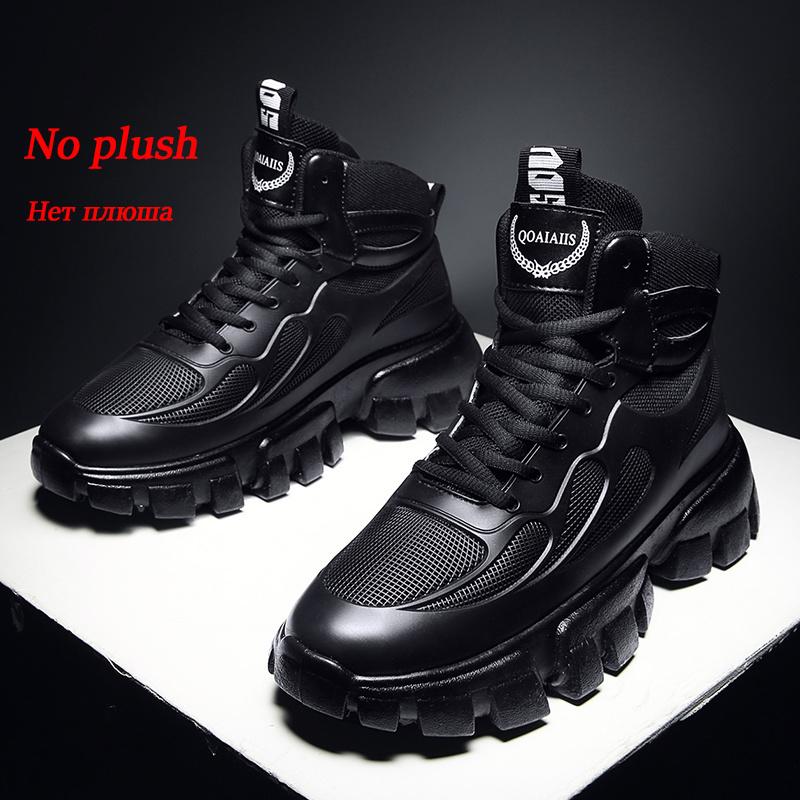 Fashion Winter Plus Velvet Outdoor Increased Sports NonSlipThe New Round Shape Shoes Men Leather Boots Black High Gang Platform Boots