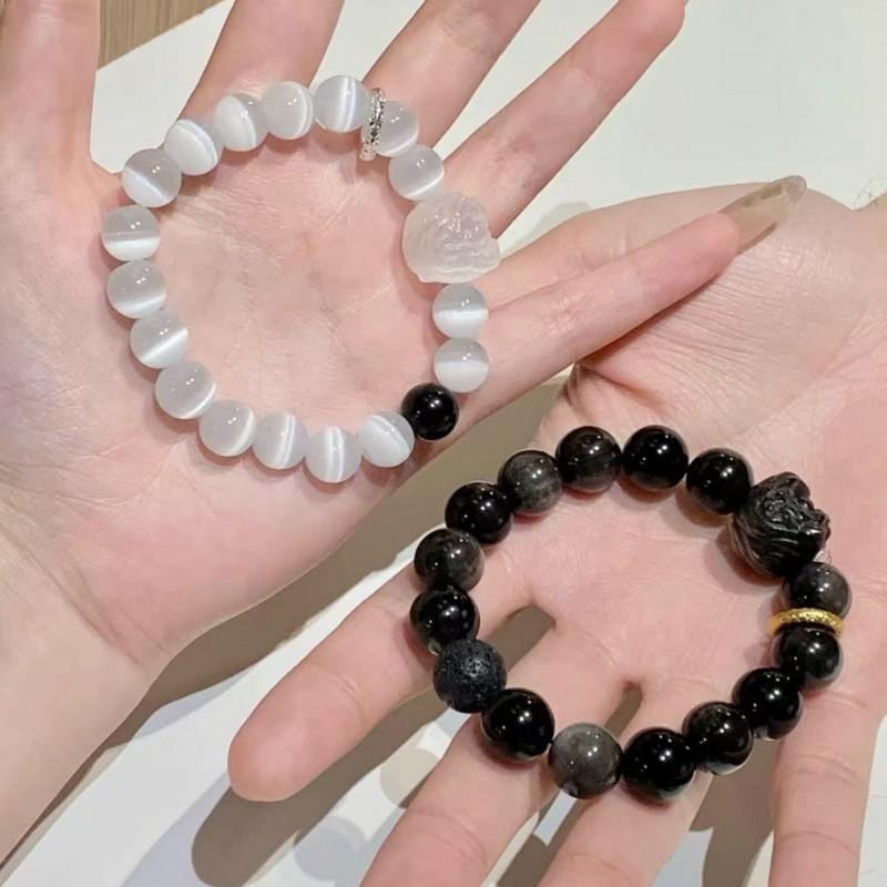Natural Lion Dance Beaded Bracelet Obsidian Cat Eye Ethnic Style Couple Jewelry Men Women