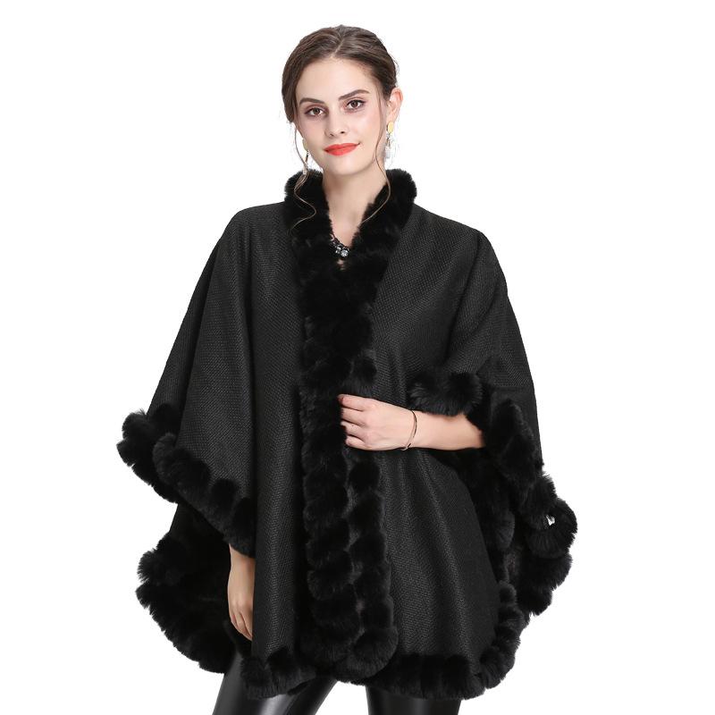 Lining Velvet Poncho Women Faux Rabbit Fur Collar Cape Big Pendulum Dovetail Cardigan Winter Cloak Knitted Warm Thick Coat