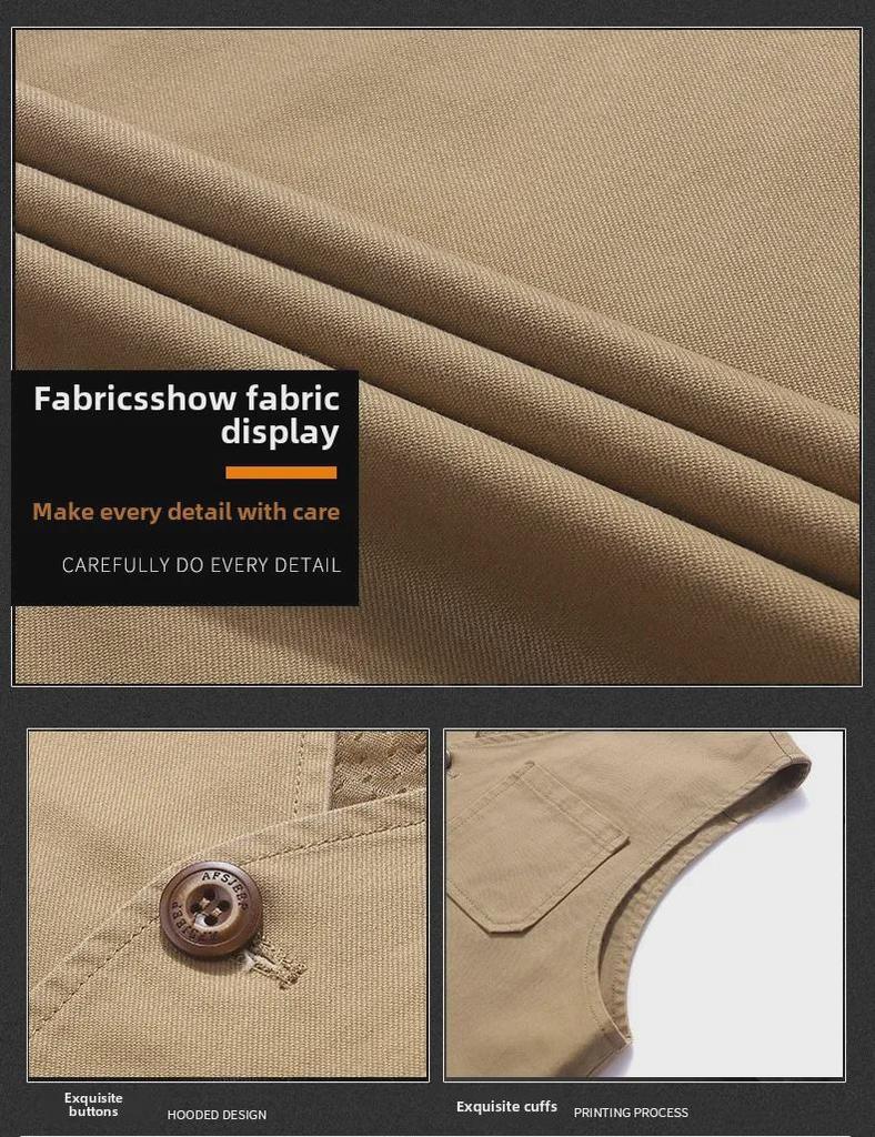Extra Large Collarless Cotton Vest with Multiple Pockets for Spring/Autumn Outdoor Workwear