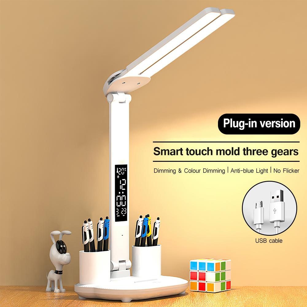 LED Clock Table Lamp USB Chargeable Dimmable Desk Lamp 2 Heads 180 Rotate Foldable Eye Protection Reading Night Light