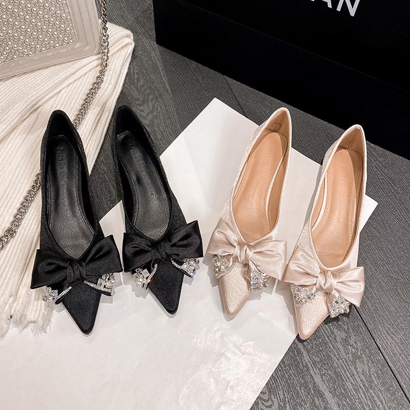Fashion Elegant Pointed Toe Bow Pumps Women Luxury Rhinestone Shallow Flat Shoes 35-43 Large Size Banquet Dress Shoes Sandalias De Mujer