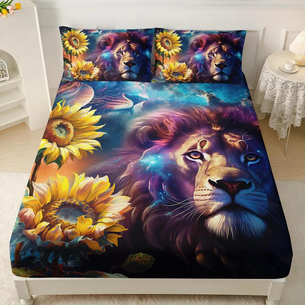 Wild Animal Tiger and Lion Fitted Sheets Super King Size, with 1 Pillowcases, Bed Sheets Bedroom Decor Gift, 30 Cm Deep Pocket