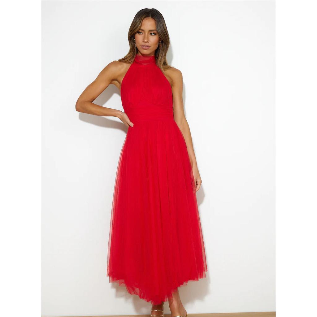 Women Evening Dress Sleeveless Layered Collar Open Back Halter Neck Lace Up High Off Shoulder Mesh Hem