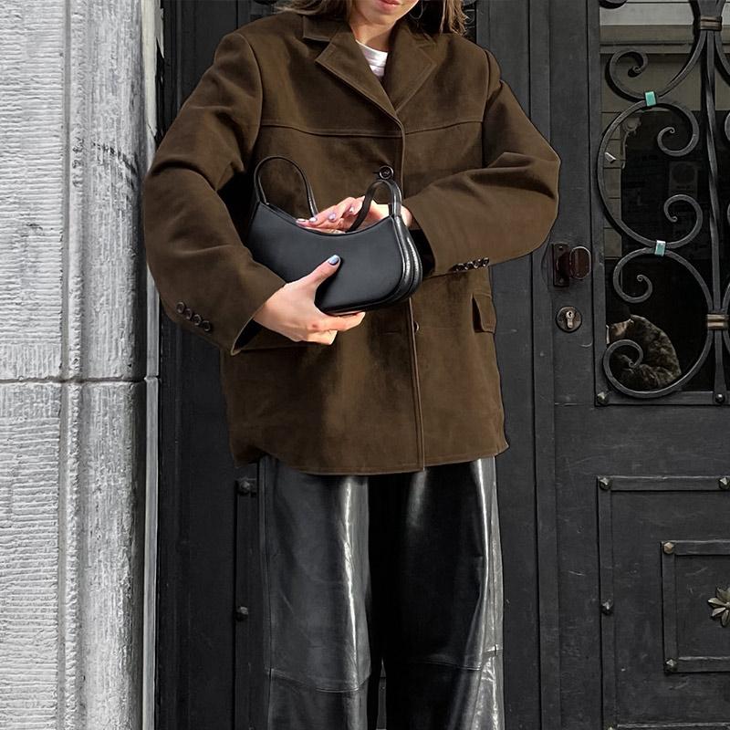 Vintage Suede Jackets Female Casual Loose V Neck Single Breasted Coats Female 2024 Autumn Winter Fashion Solid Outwears Lady