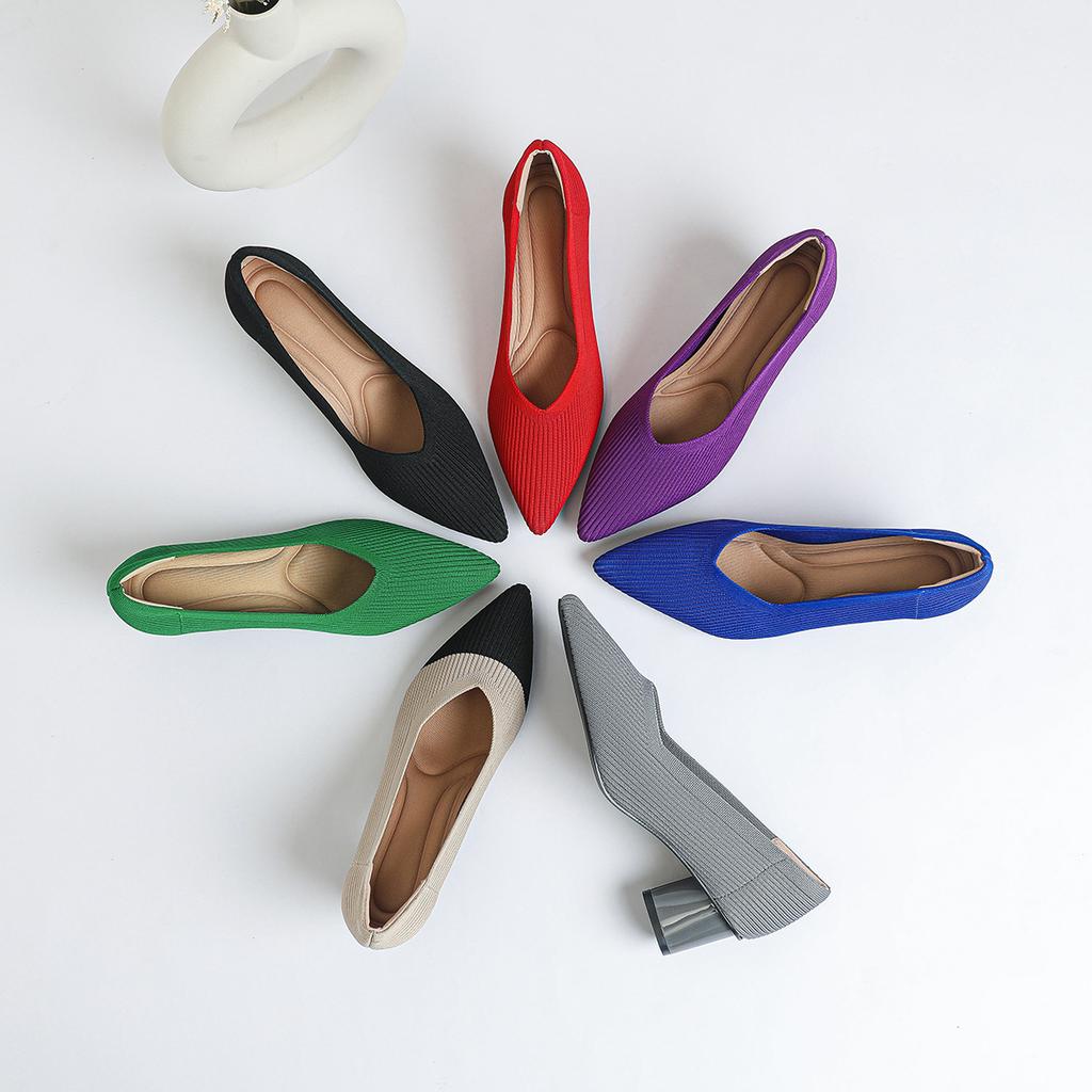 Мода 2025 Острый носок Средний каблук Дышащие Удобные Вязаные туфли Женские Неглубокий вырез Массивный каблук Мода Zapatos De Mujer Туфли-лодочки